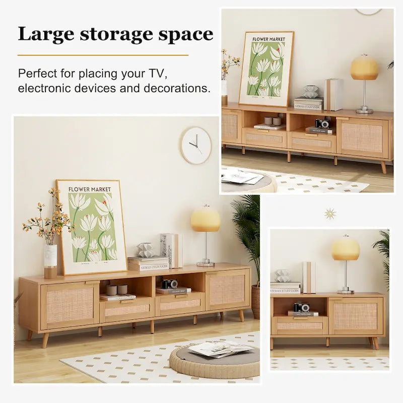 Wood 78 TV Stand with Wood Legs, Cabinets & Shelves for TVs Up to 85