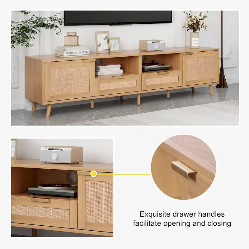 Wood 78 TV Stand with Wood Legs, Cabinets & Shelves for TVs Up to 85