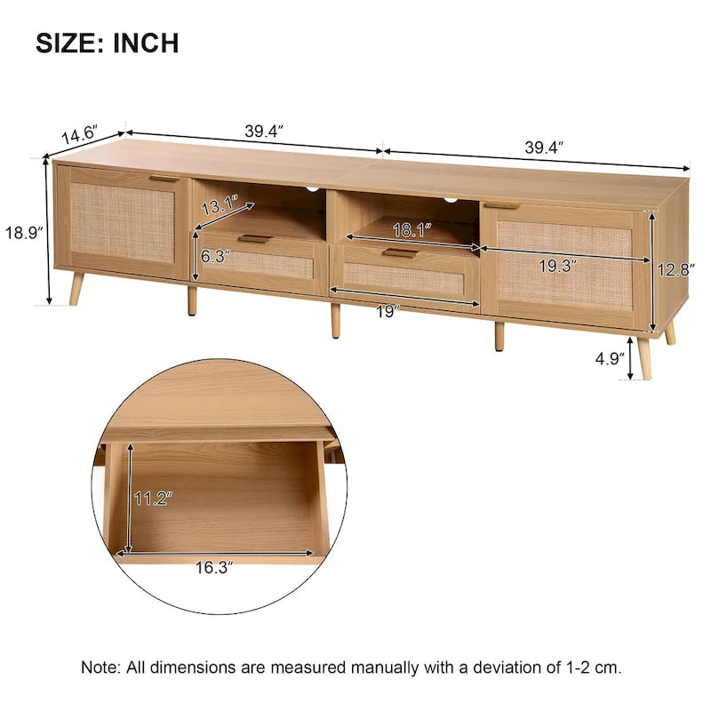 Wood 78 TV Stand with Wood Legs, Cabinets & Shelves for TVs Up to 85