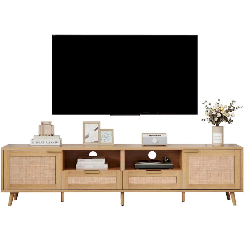 Wood 78 TV Stand with Wood Legs, Cabinets & Shelves for TVs Up to 85
