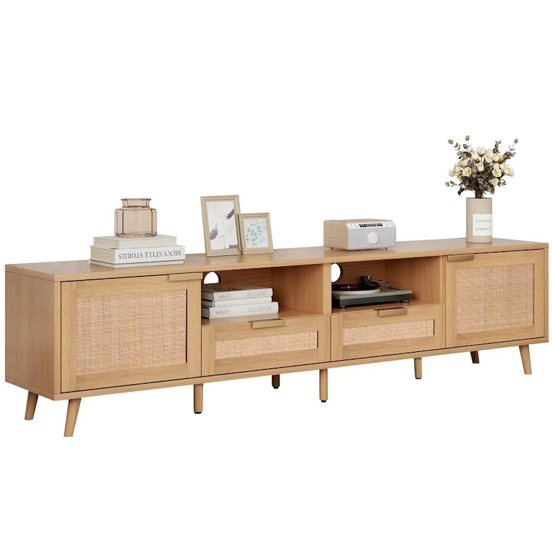Wood 78 TV Stand with Wood Legs, Cabinets & Shelves for TVs Up to 85
