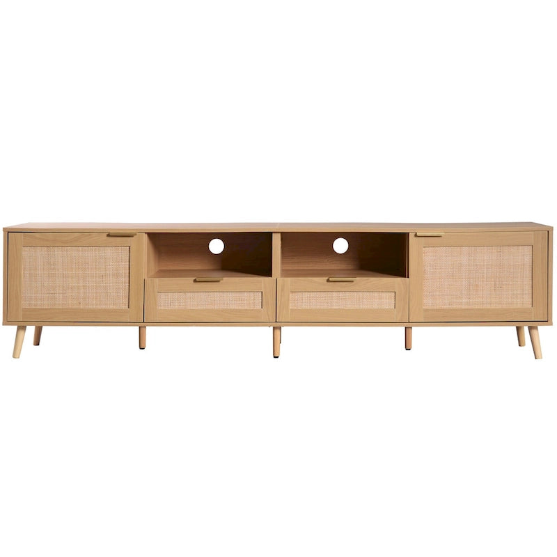 Wood 78 TV Stand with Wood Legs, Cabinets & Shelves for TVs Up to 85
