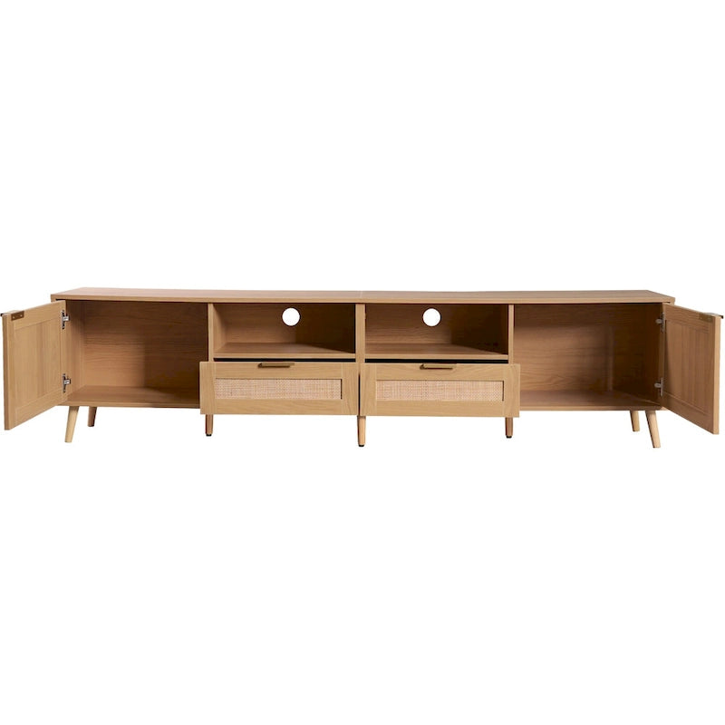 Wood 78 TV Stand with Wood Legs, Cabinets & Shelves for TVs Up to 85