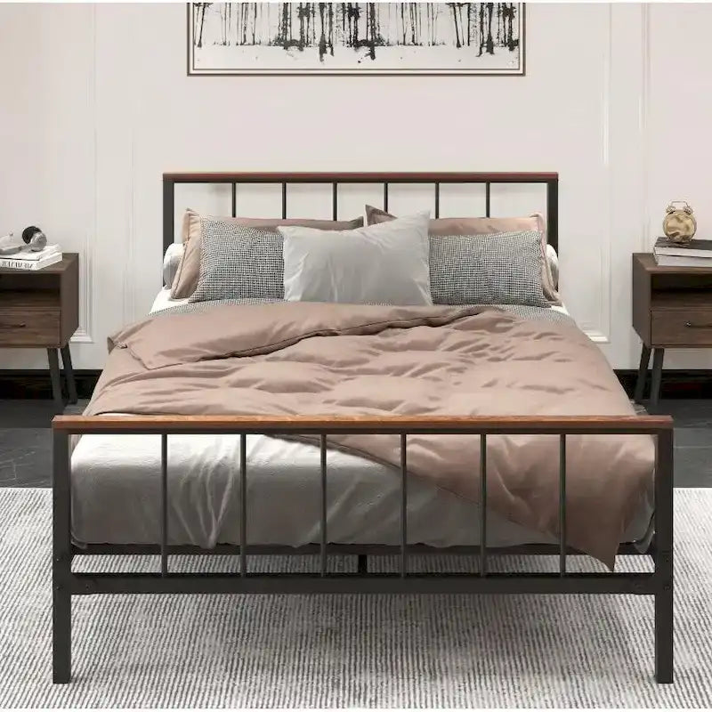 Black Metal Queen Platform Bed with Headboard