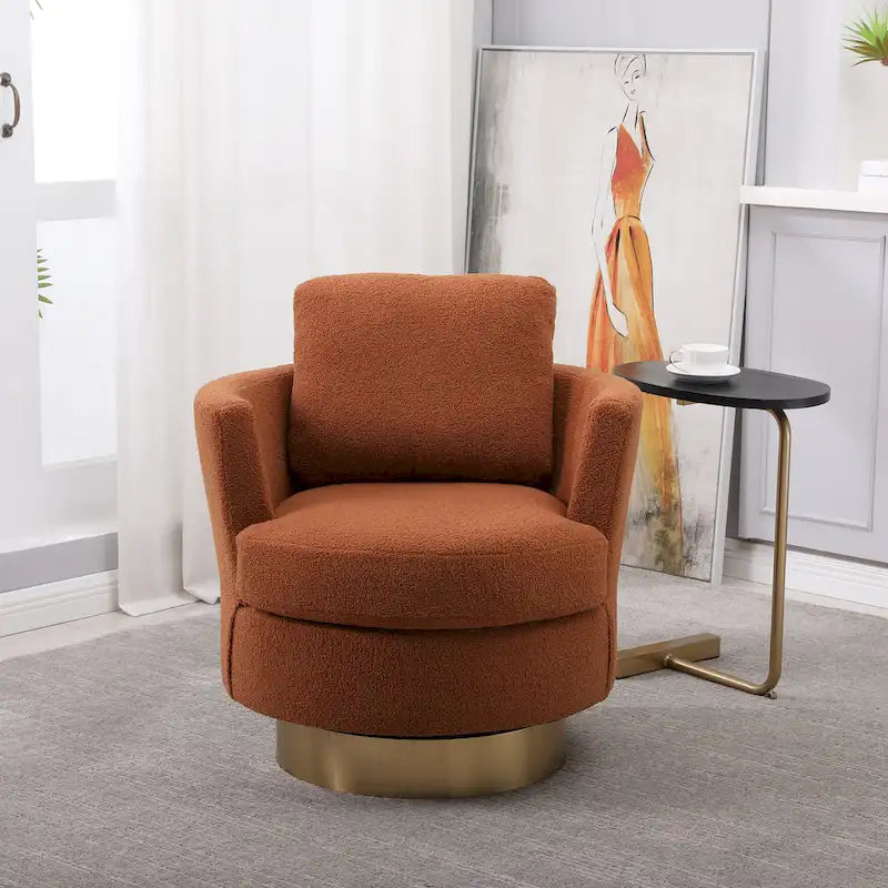 Brown Modern 29.6 Upholstered Swivel Barrel Chair with Gold Stainless Steel Base