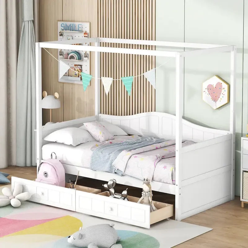 Simple Twin Size Pine Wood Canopy Daybed Frame with 2 Storage Drawers