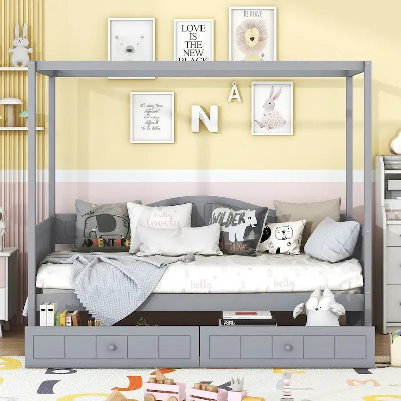 Simple Twin Size Pine Wood Canopy Daybed Frame with 2 Storage Drawers