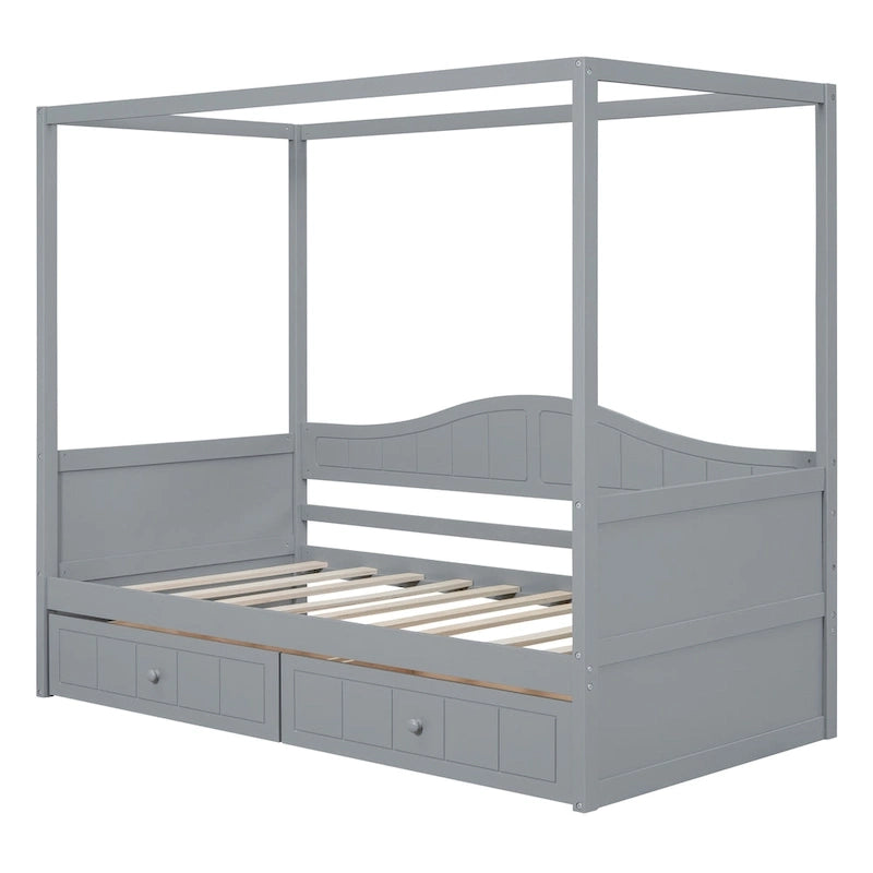 Simple Twin Size Pine Wood Canopy Daybed Frame with 2 Storage Drawers
