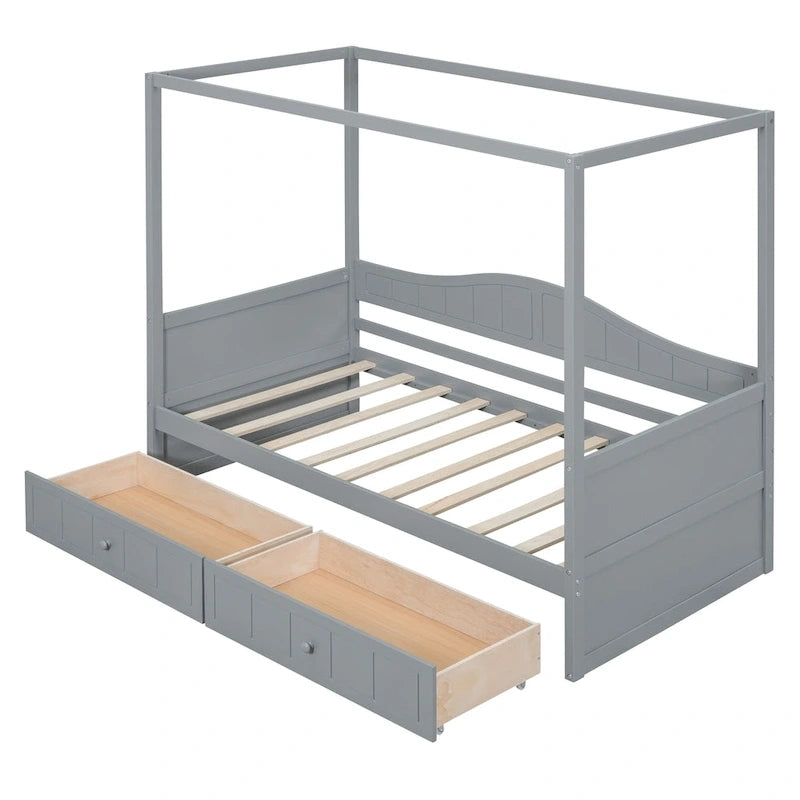 Simple Twin Size Pine Wood Canopy Daybed Frame with 2 Storage Drawers