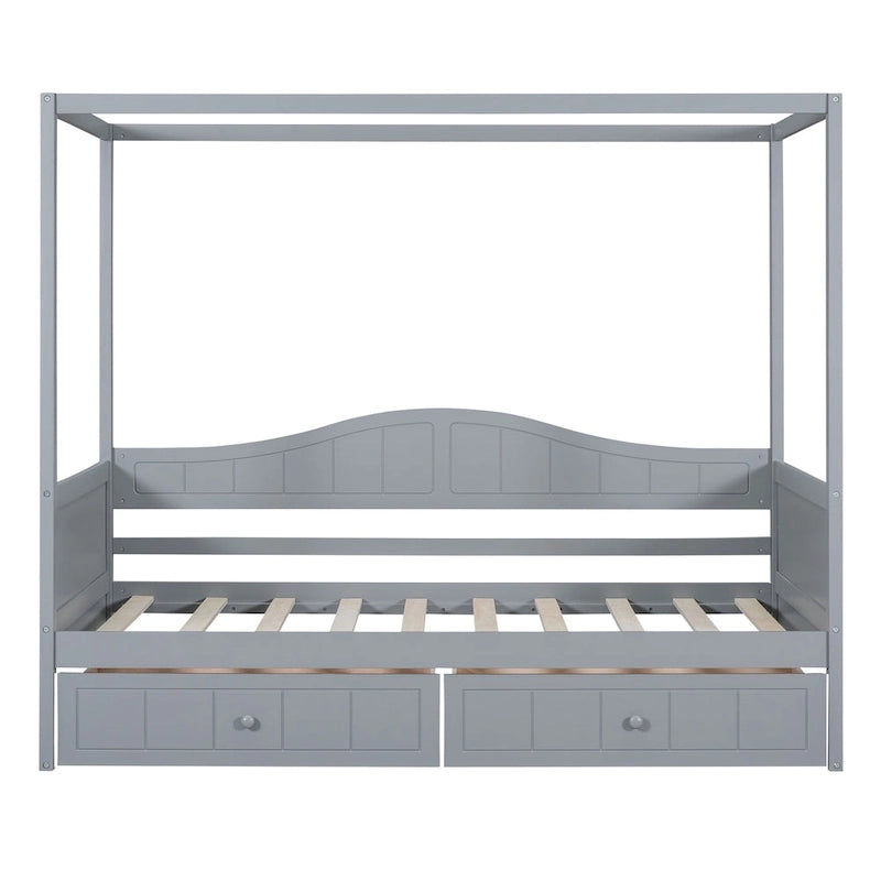 Simple Twin Size Pine Wood Canopy Daybed Frame with 2 Storage Drawers