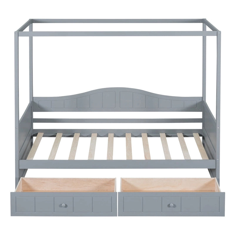 Simple Twin Size Pine Wood Canopy Daybed Frame with 2 Storage Drawers