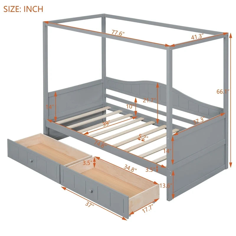 Simple Twin Size Pine Wood Canopy Daybed Frame with 2 Storage Drawers