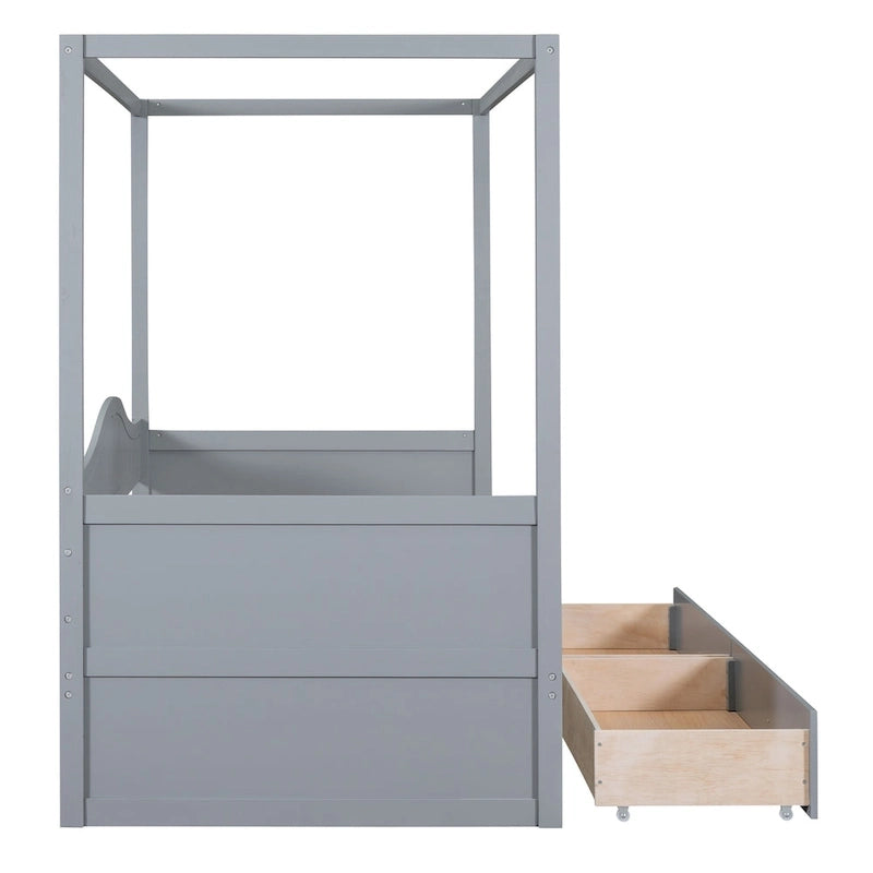 Simple Twin Size Pine Wood Canopy Daybed Frame with 2 Storage Drawers