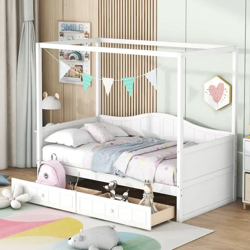 Simple Twin Size Pine Wood Canopy Daybed Frame with 2 Storage Drawers