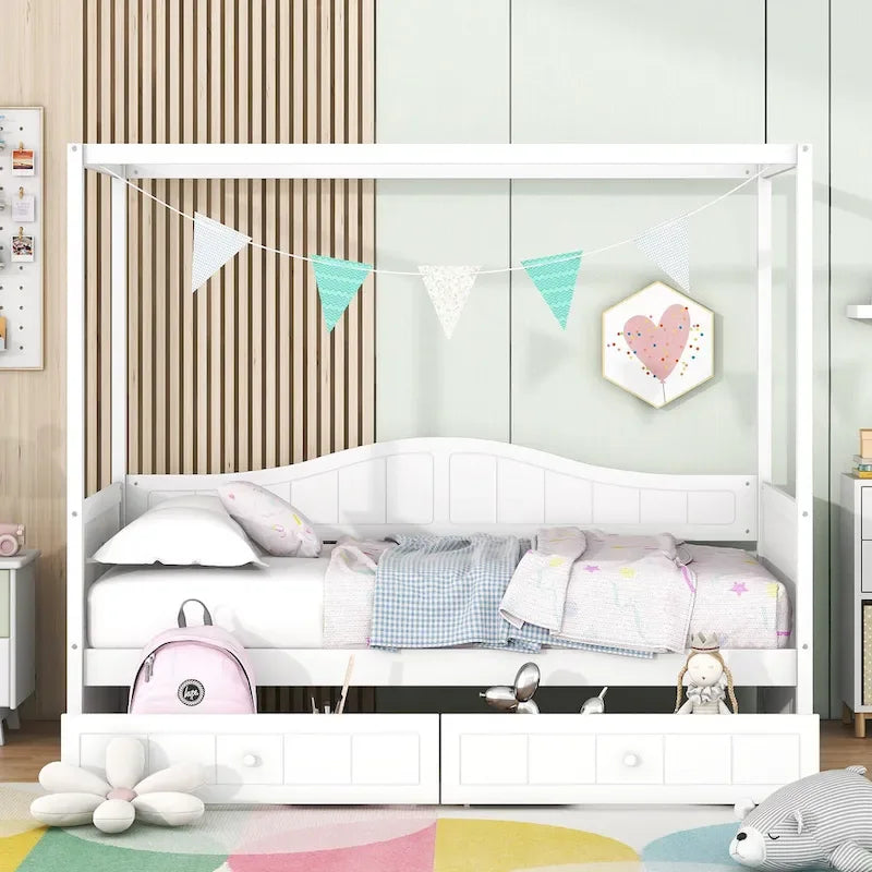 Simple Twin Size Pine Wood Canopy Daybed Frame with 2 Storage Drawers