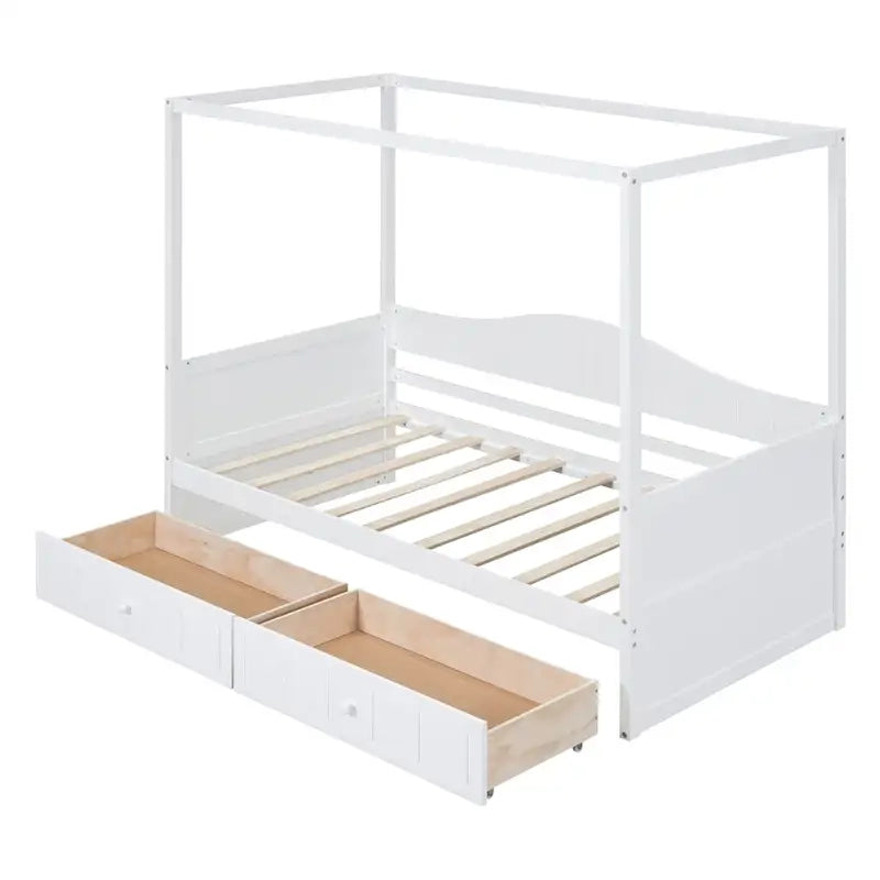 Simple Twin Size Pine Wood Canopy Daybed Frame with 2 Storage Drawers