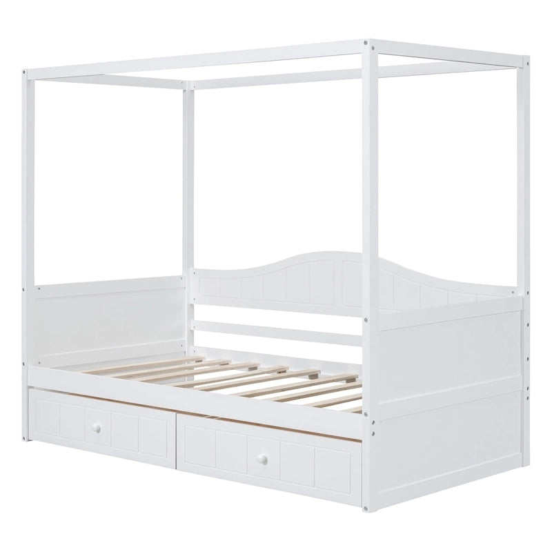 Simple Twin Size Pine Wood Canopy Daybed Frame with 2 Storage Drawers