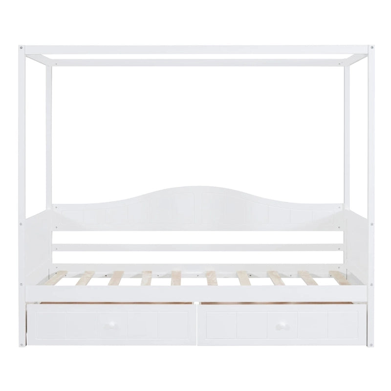 Simple Twin Size Pine Wood Canopy Daybed Frame with 2 Storage Drawers