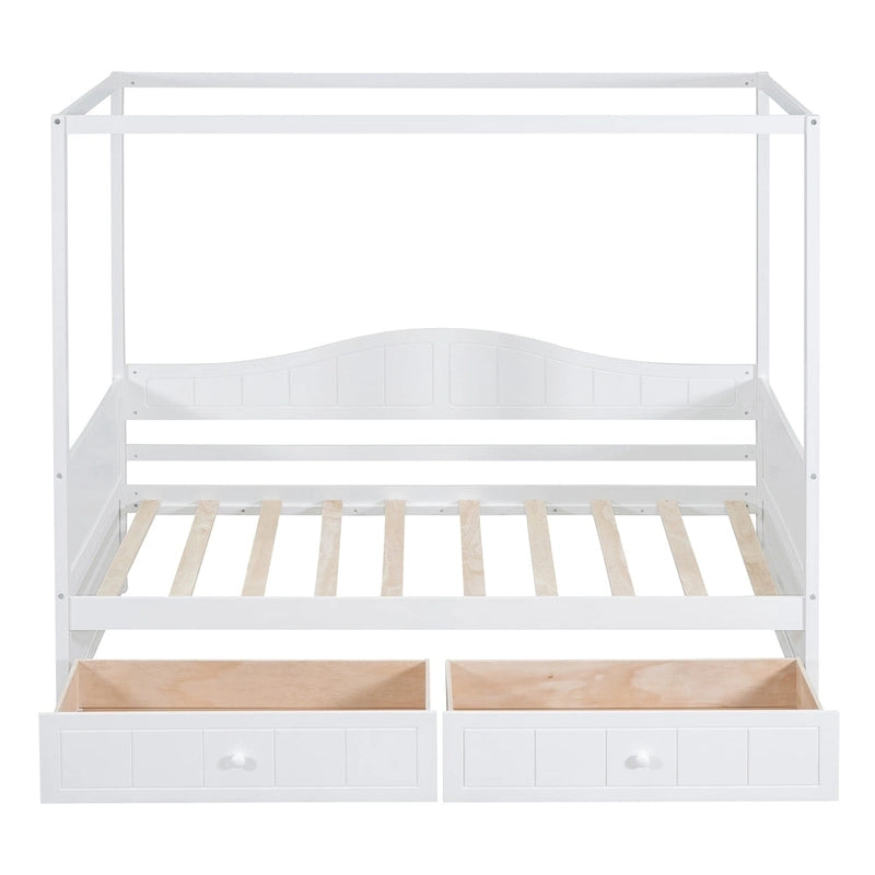 Simple Twin Size Pine Wood Canopy Daybed Frame with 2 Storage Drawers
