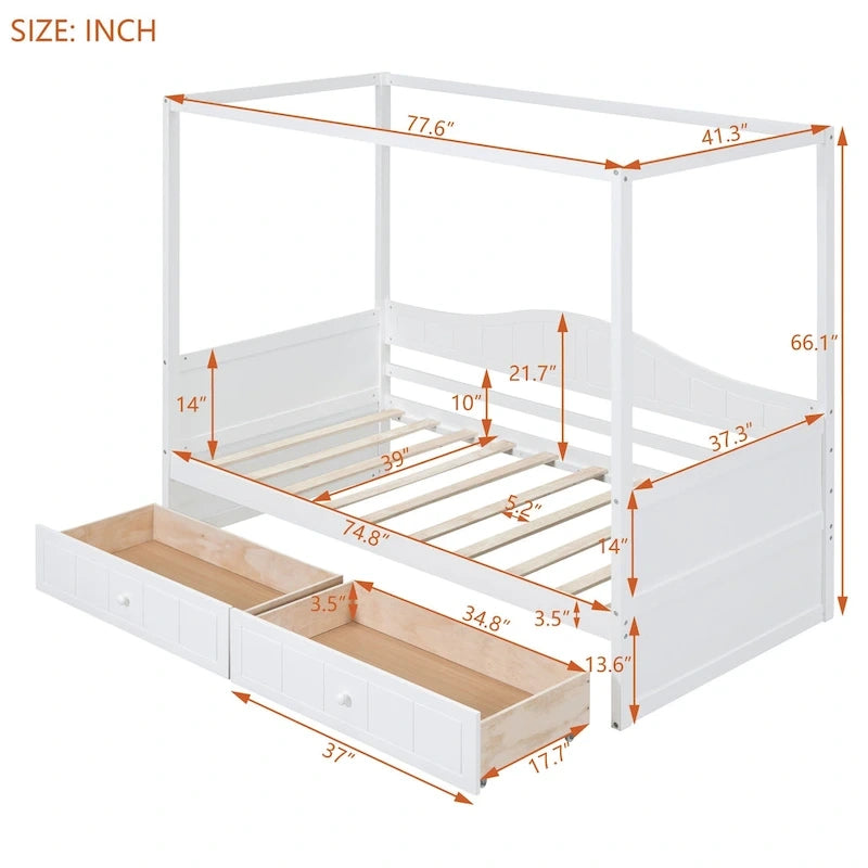 Simple Twin Size Pine Wood Canopy Daybed Frame with 2 Storage Drawers