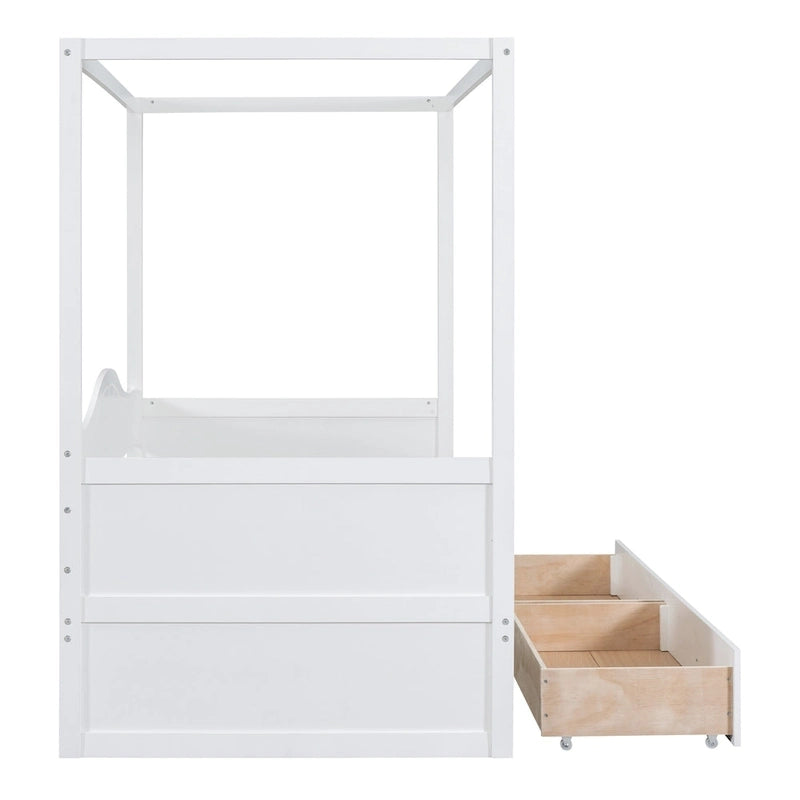 Simple Twin Size Pine Wood Canopy Daybed Frame with 2 Storage Drawers