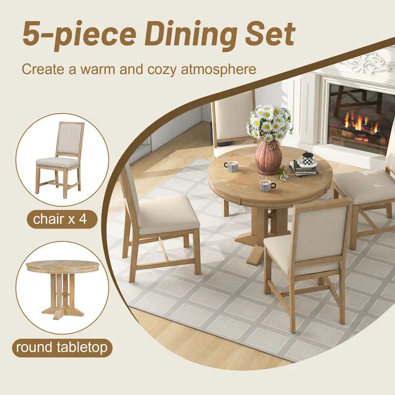 5-Piece Wooden Dining Table Set with Extendable Round Table & 4 Chairs