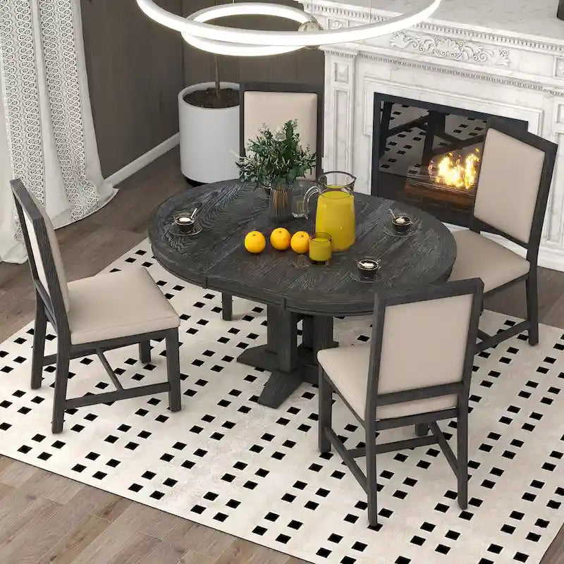 5-Piece Wooden Dining Table Set with Extendable Round Table & 4 Chairs