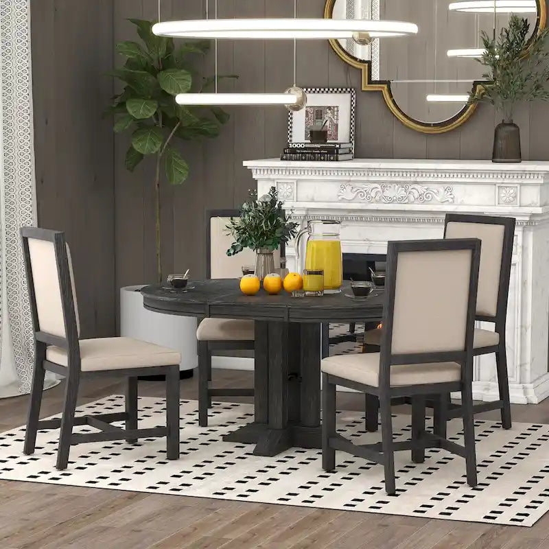 5-Piece Wooden Dining Table Set with Extendable Round Table & 4 Chairs