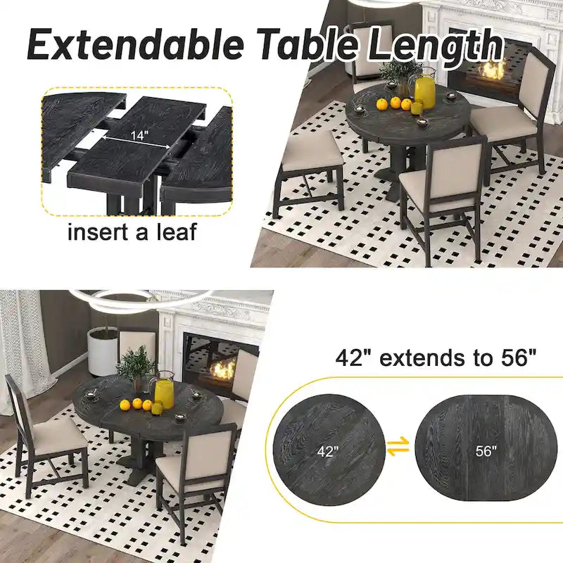 5-Piece Wooden Dining Table Set with Extendable Round Table & 4 Chairs