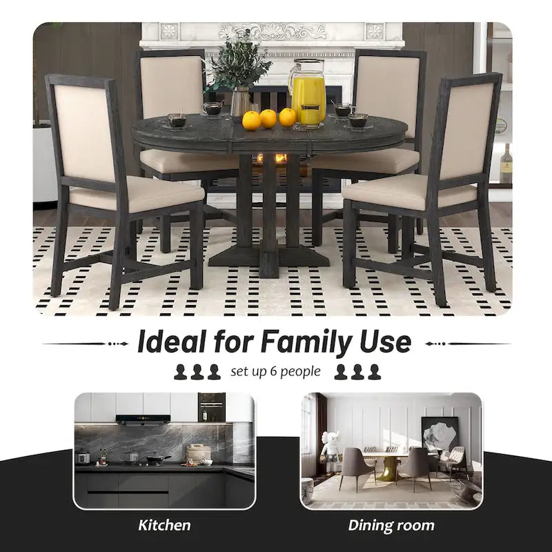 5-Piece Wooden Dining Table Set with Extendable Round Table & 4 Chairs