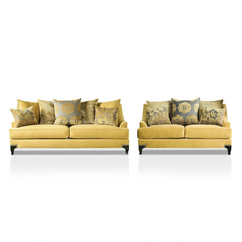 Taupe Contemporary Fabric Padded Nailhead 2-Piece Sofa and Loveseat Set by