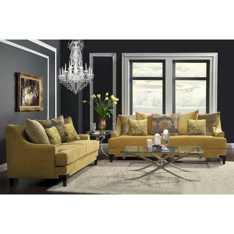 Taupe Contemporary Fabric Padded Nailhead 2-Piece Sofa and Loveseat Set by