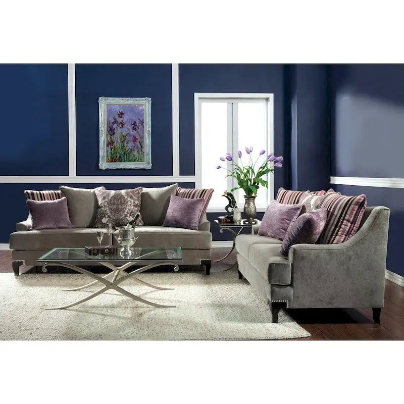 Taupe Contemporary Fabric Padded Nailhead 2-Piece Sofa and Loveseat Set by