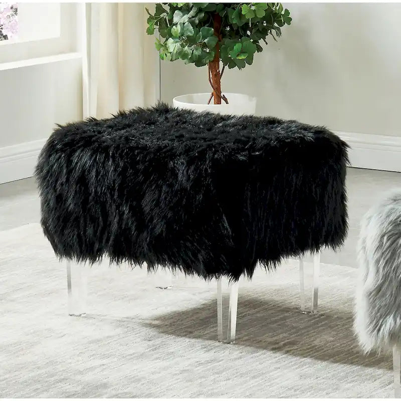 Contemporary Faux Fur Acrylic Ottoman by