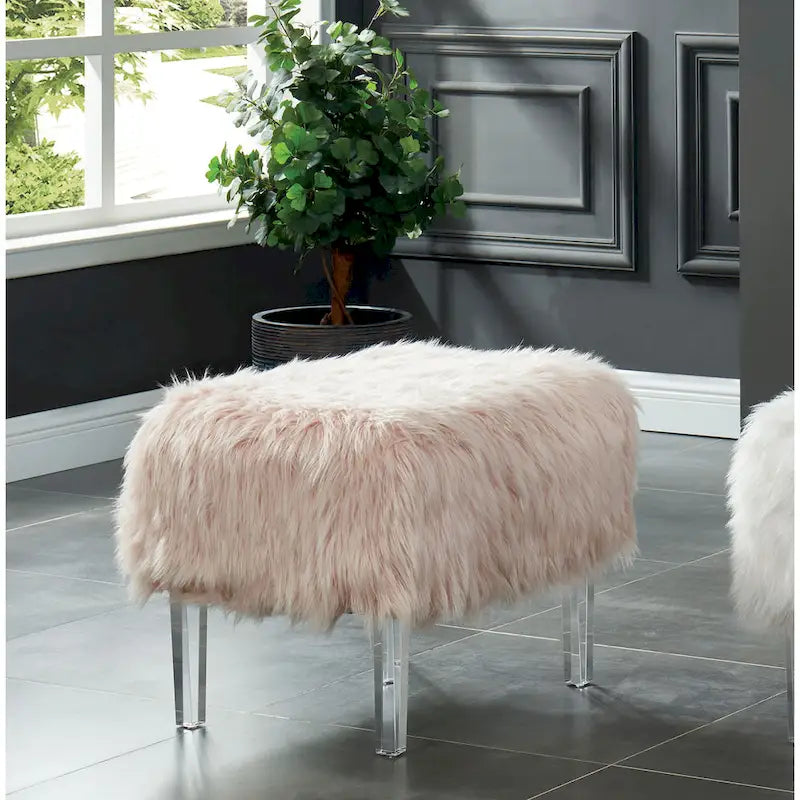 Contemporary Faux Fur Acrylic Ottoman by
