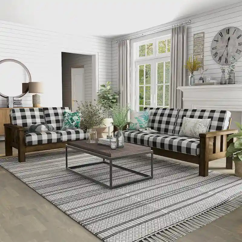 Rustic Oak and Linen Fabric 2-Piece Sofa Set by