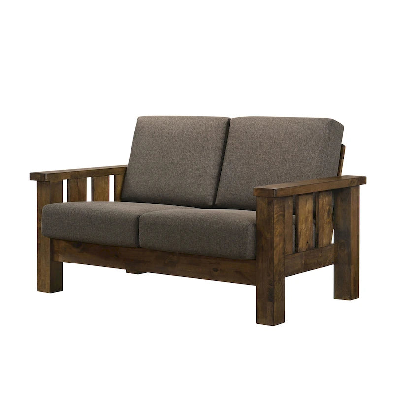 Rustic Oak and Linen Fabric 2-Piece Sofa Set by