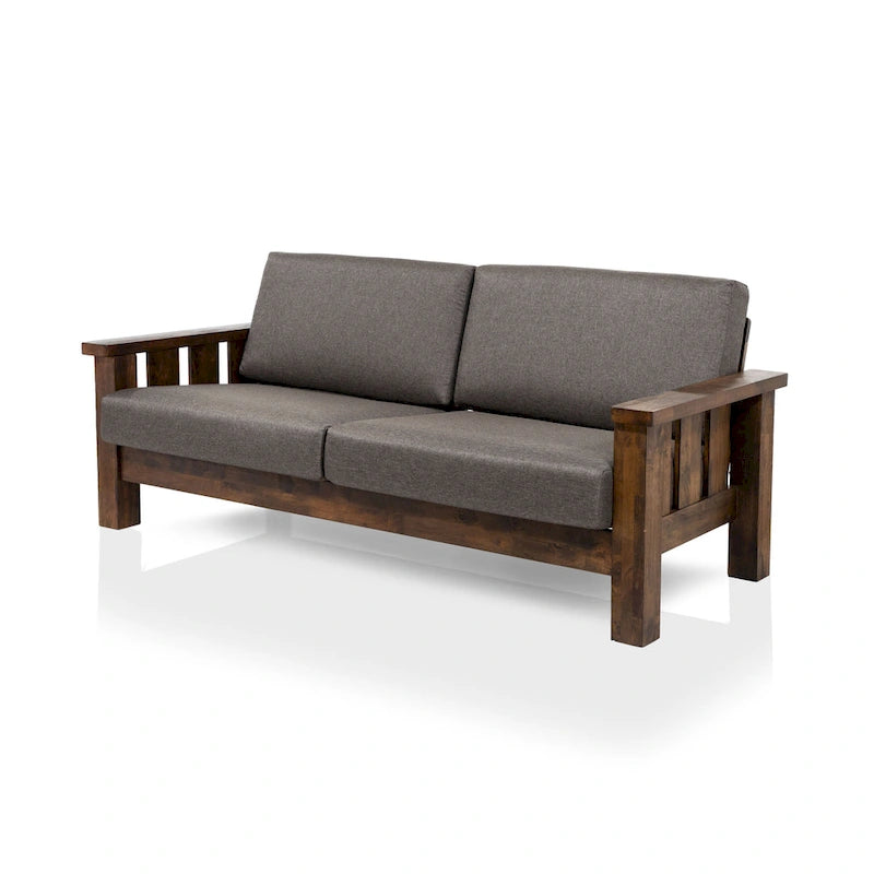 Rustic Oak and Linen Fabric 2-Piece Sofa Set by