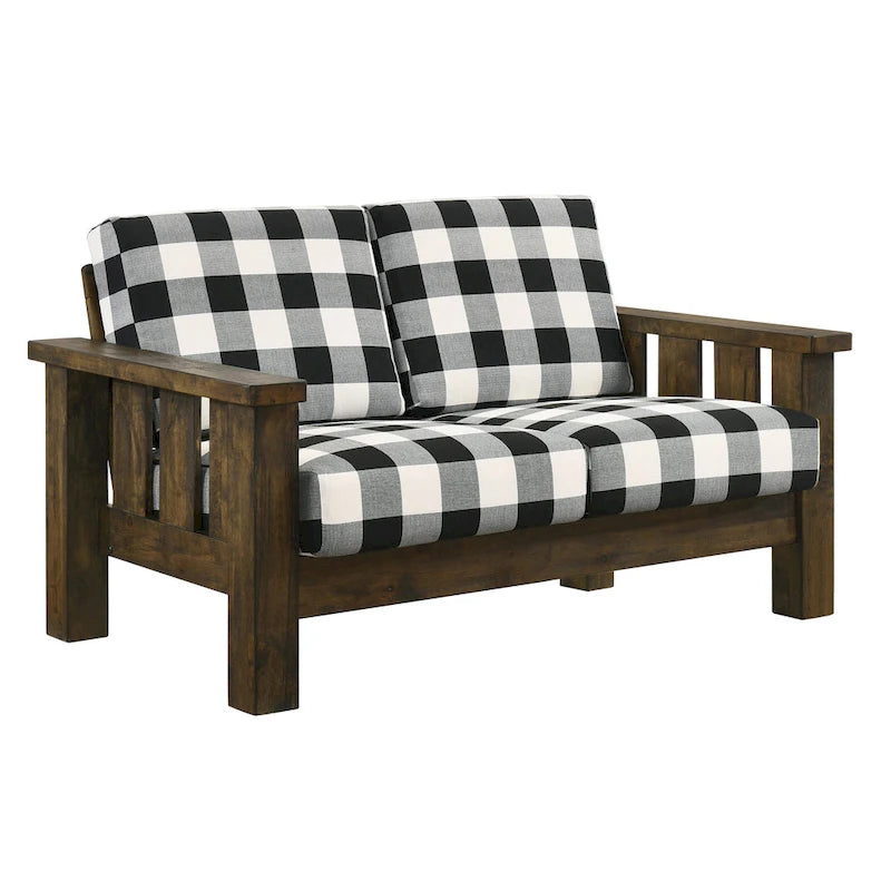 Rustic Oak and Linen Fabric 2-Piece Sofa Set by