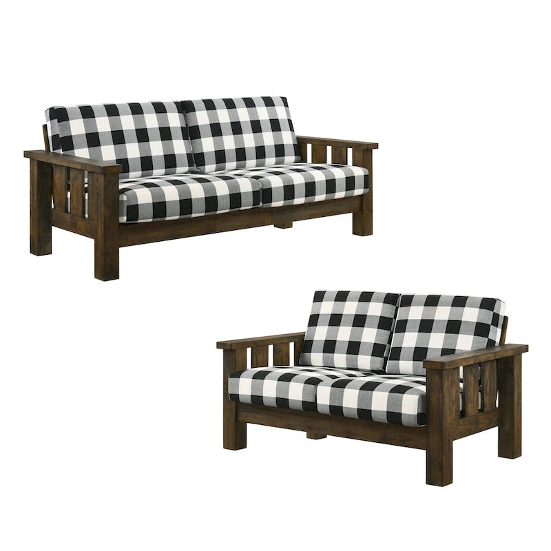 Rustic Oak and Linen Fabric 2-Piece Sofa Set by