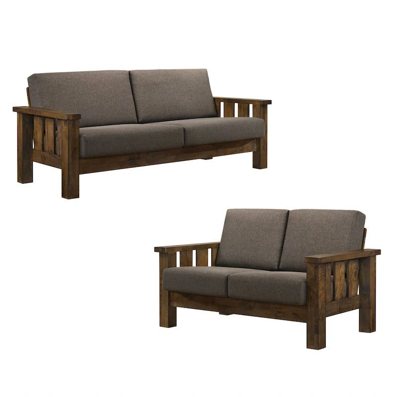 Rustic Oak and Linen Fabric 2-Piece Sofa Set by