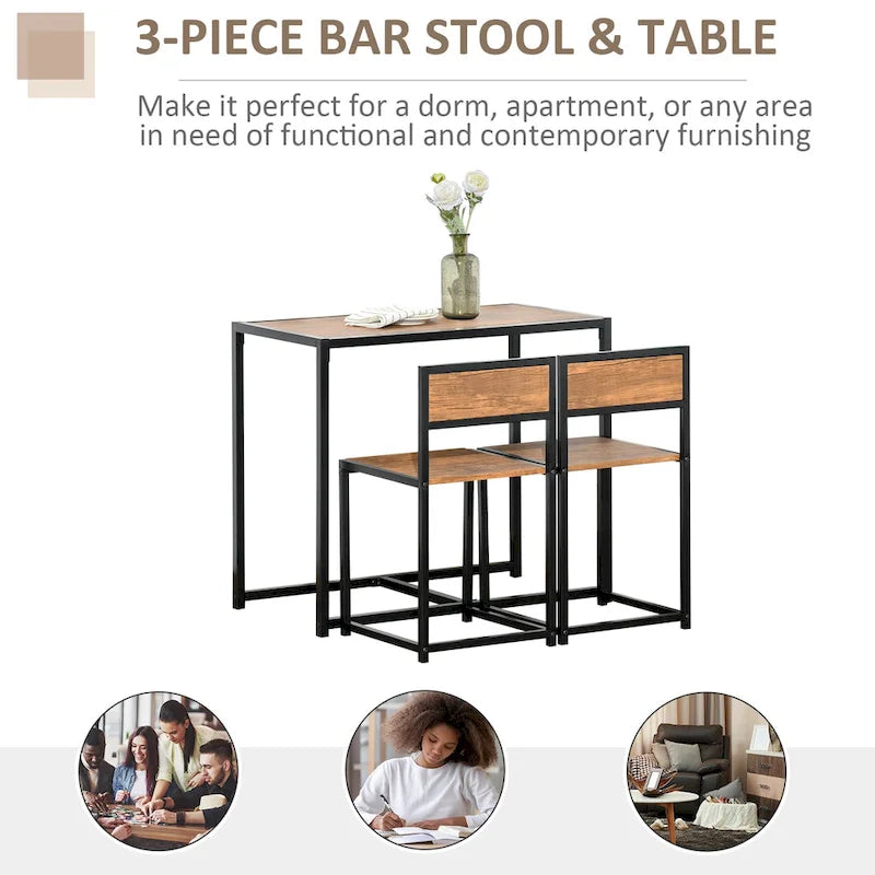 Industrial 3-Piece Dining Table and 2 Chair Set for Small Space in the Dining Room or Kitchen - 35.5 L x 18.5 W x 30 H