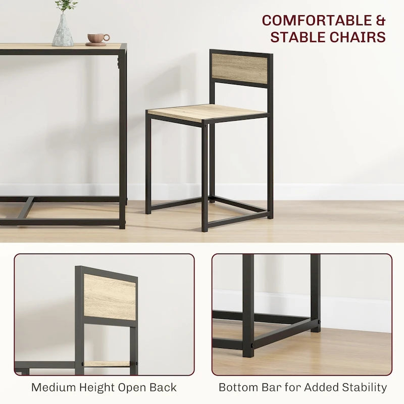 Industrial 3-Piece Dining Table and 2 Chair Set for Small Space in the Dining Room or Kitchen - 35.5 L x 18.5 W x 30 H