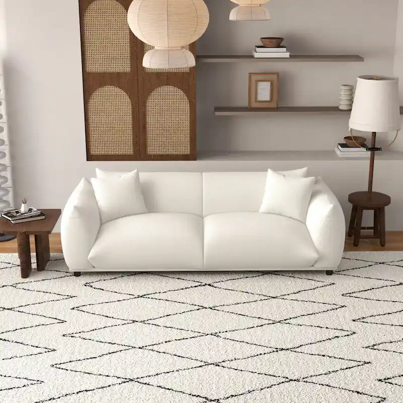 Mid Century Modern Luxury Tight Pillow Back French Boucle Couch in Cream