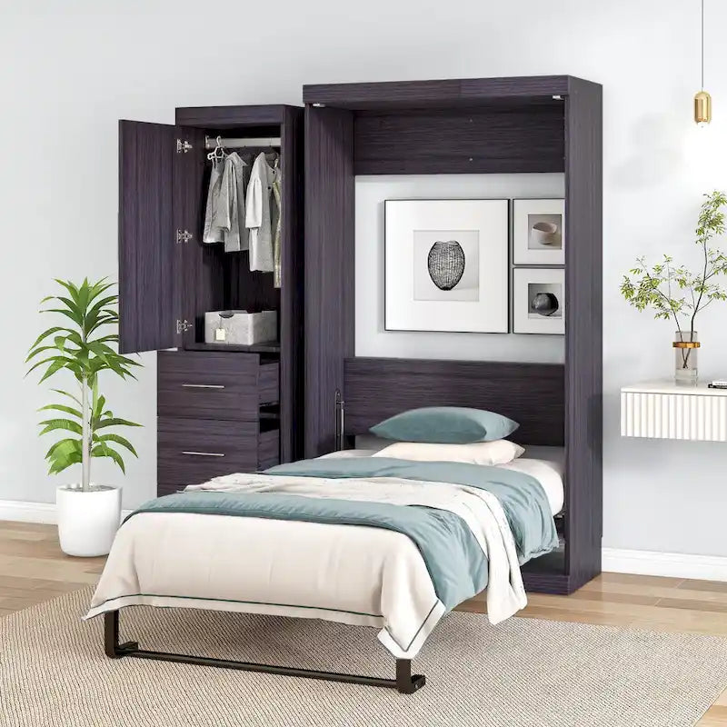Full Size Wall Bed Murphy Bed with Wardrobe & Drawers,can be Folded into Cabinet