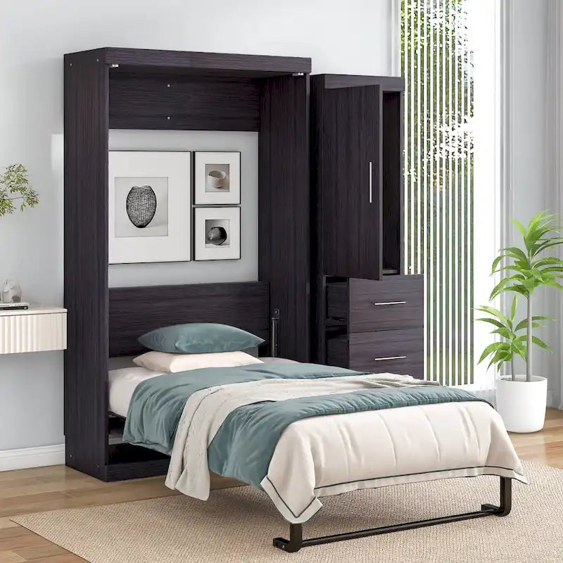 Full Size Wall Bed Murphy Bed with Wardrobe & Drawers,can be Folded into Cabinet