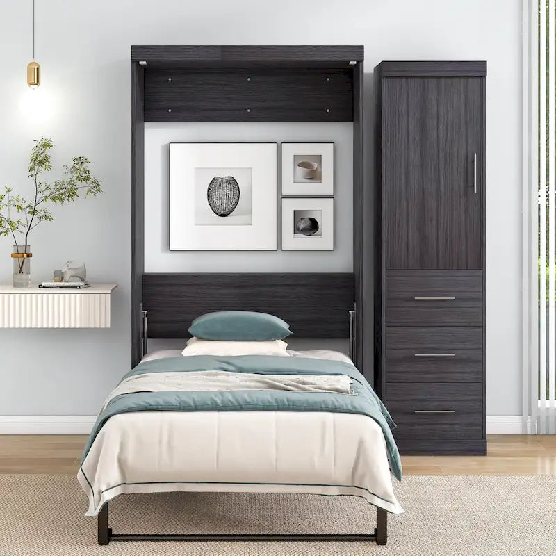 Full Size Wall Bed Murphy Bed with Wardrobe & Drawers,can be Folded into Cabinet