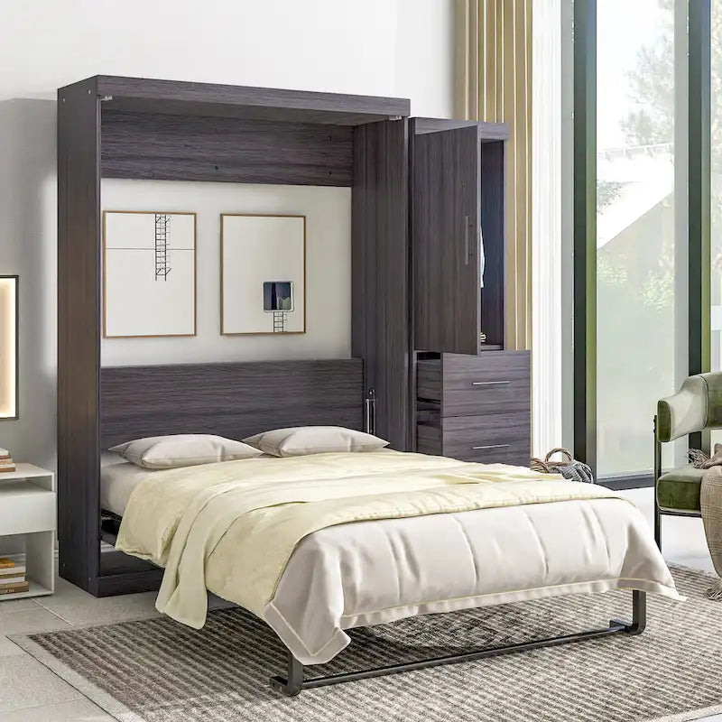 Full Size Wall Bed Murphy Bed with Wardrobe & Drawers,can be Folded into Cabinet