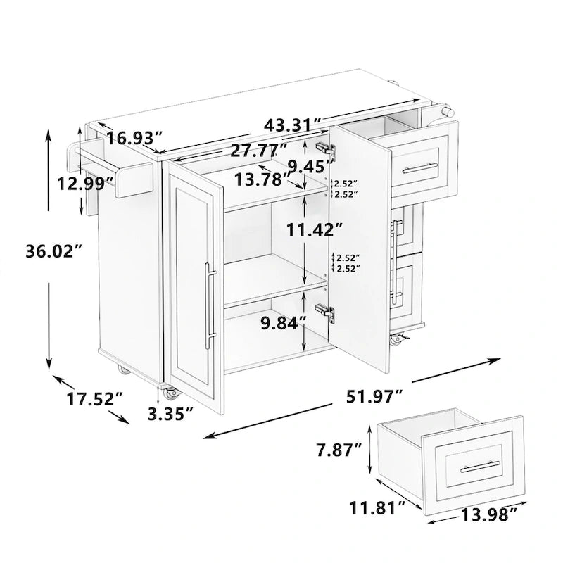 Kitchen Island Cart with 2 Door Cabinet and Three Drawers