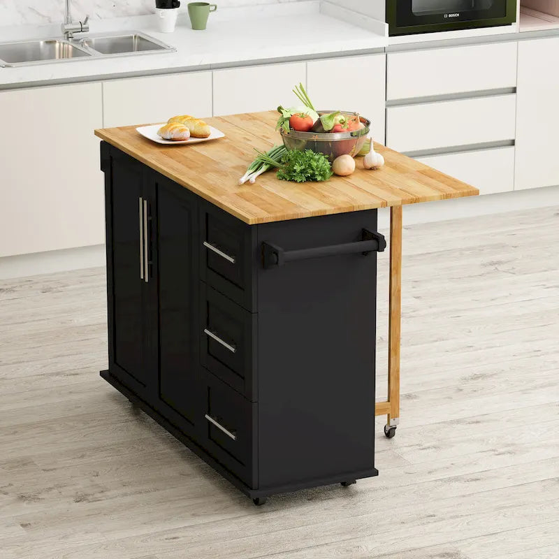 Kitchen Island Cart with 2 Door Cabinet and Three Drawers